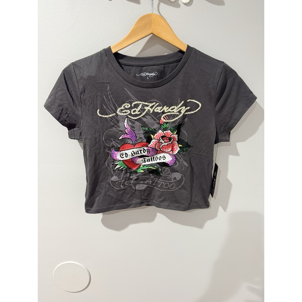 Ed Hardy Rose Heart Rhinestone Charcoal Crop T-Shirt Retro Y2K NWT R